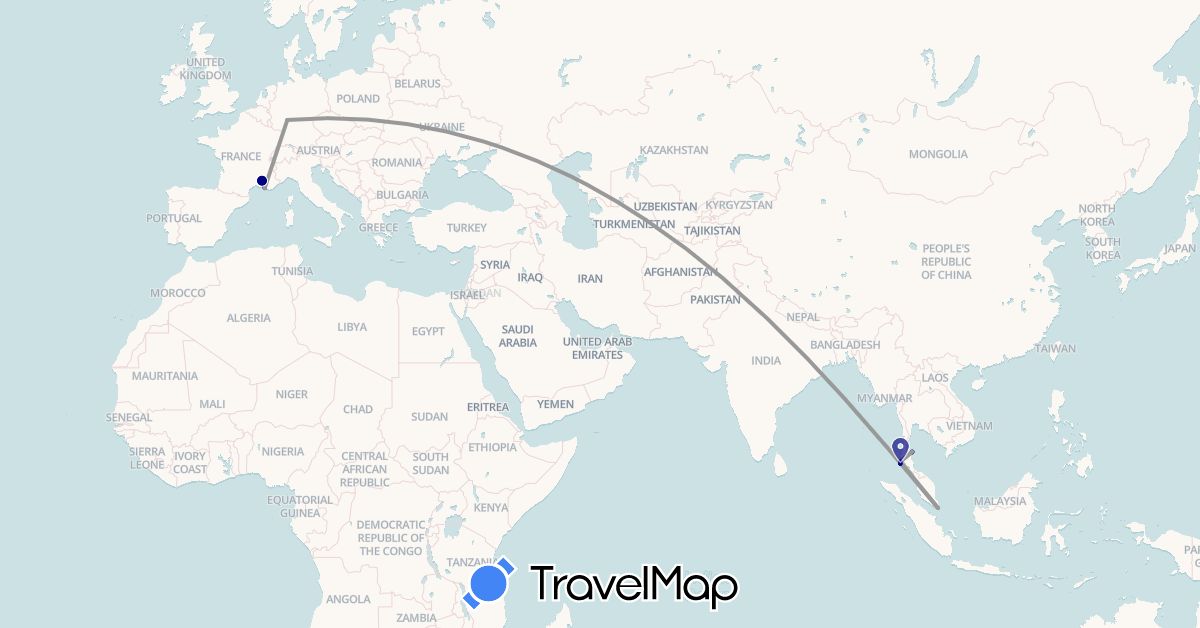 TravelMap itinerary: driving, plane in Germany, France, Singapore, Thailand (Asia, Europe)