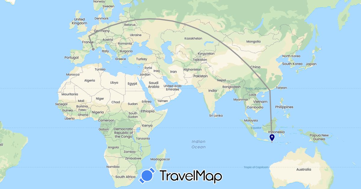 TravelMap itinerary: driving, plane in France, Hong Kong, Indonesia (Asia, Europe)